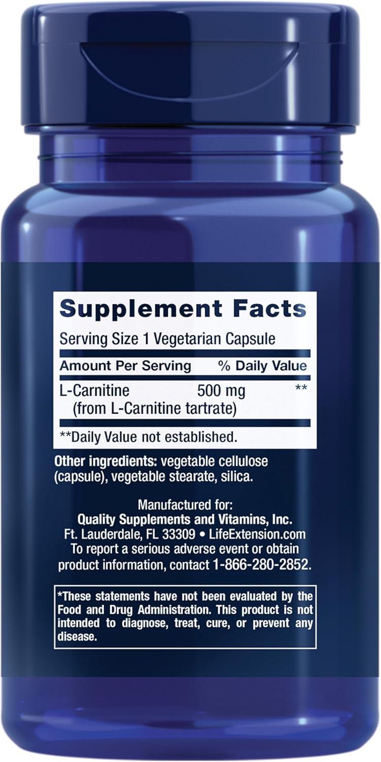 image:imageLife Extension LCarnitine 500 mg Energy Supplement Memory Supplement Free Form Amino Acid Nitric Oxide Support Healthy Blood Pressure GlutenFree NonGMO Vegetarian 30 Capsules30 Count Pack of 1