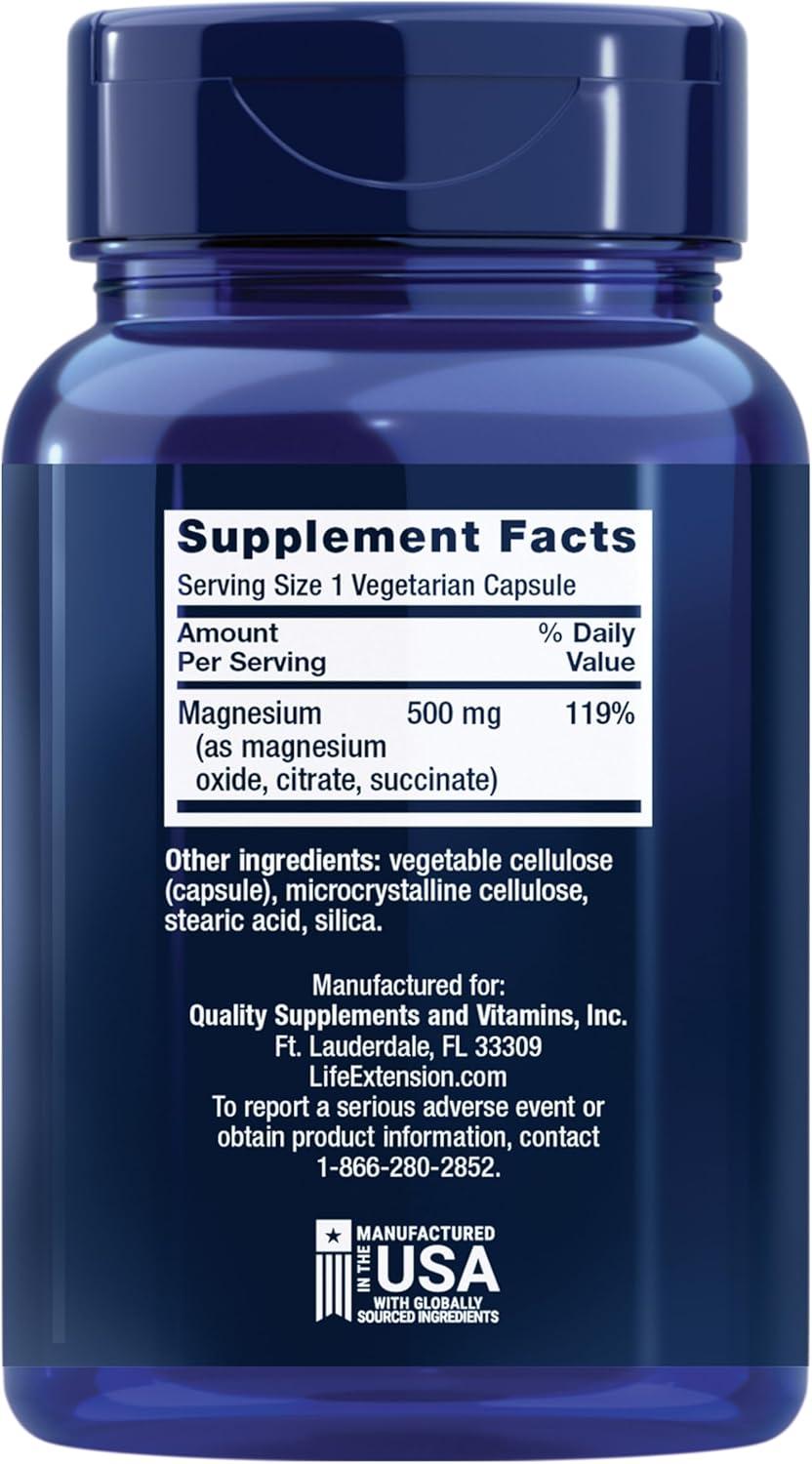 image:imageLife Extension Magnesium Caps 500 mg Magnesium Oxide Citrate and Succinate Heart Health Healthy Bones Metabolism Support 100 Vegetarian Capsules100 Count Pack of 1