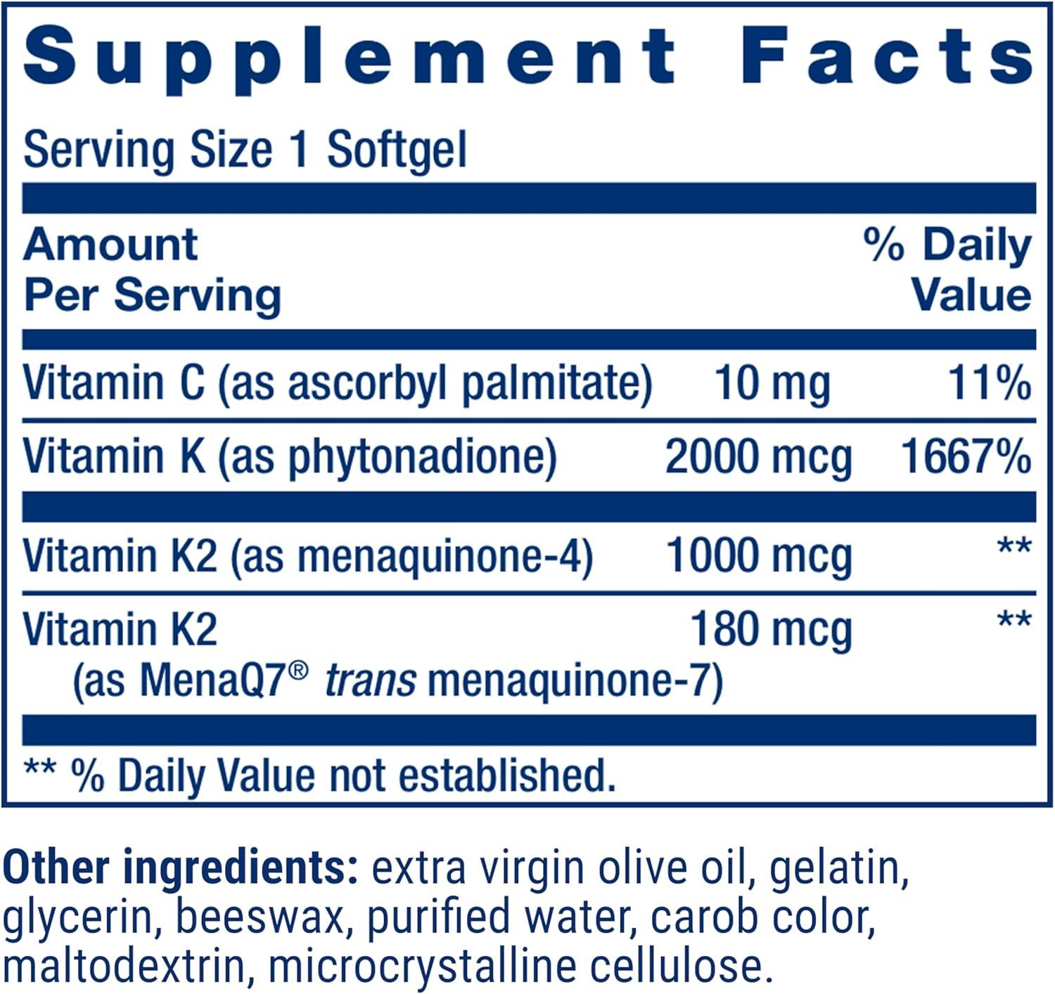 image:imageLife Extension Super K Vitamin K Supplement 2000 Mcg Vitamin K and 1180 Mcg Vitamin K2 Heart Health OnceDaily 90 SoftgelsUnflavored