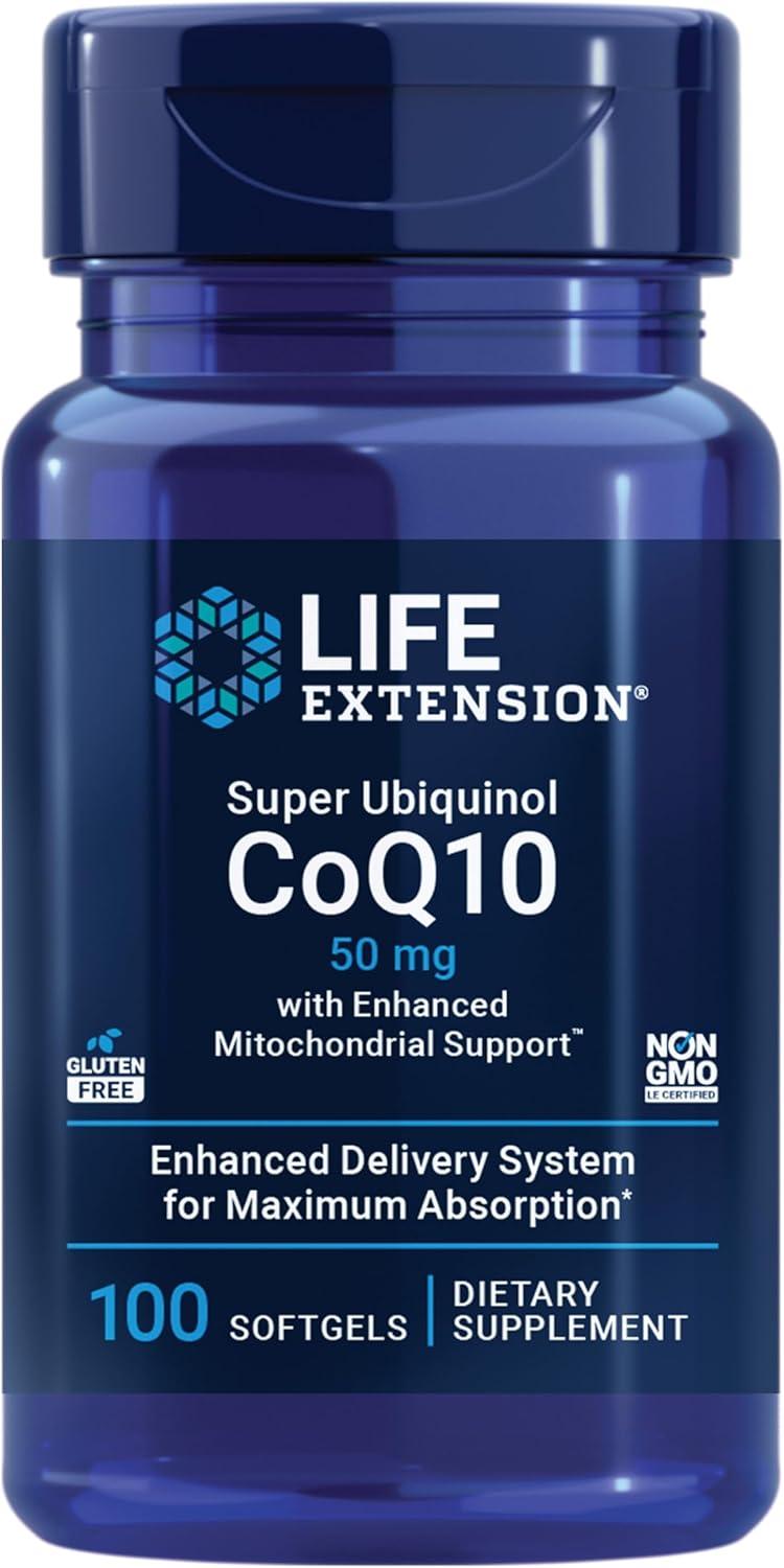 image:imageLife Extension Super Ubiquinol CoQ10 with Enhanced Mitochondrial Support Potent Heart Health amp Cellular Energy Production Support Ultraabsorbable GlutenFree NonGMO 100 mg 60 softgels50 mg