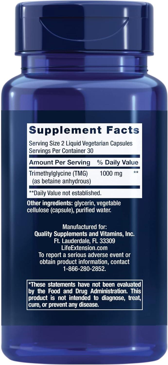 image:imageLife Extension TMG trimethylglycine Encourages Healthy homocysteine Levels NonGMO GlutenFree Vegetarian 60 Capsules60 Count Pack of 1
