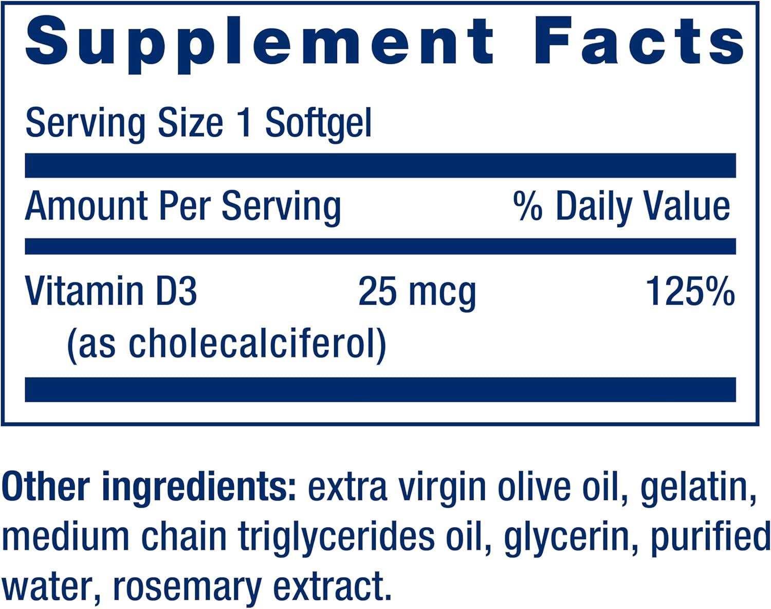 image:imageLife Extension Vitamin D3 25 mcg 1000 IU Immune System Support Bone Health WholeBody Health Value Size GlutenFree NonGMO 250 softgels250 Count Pack of 2