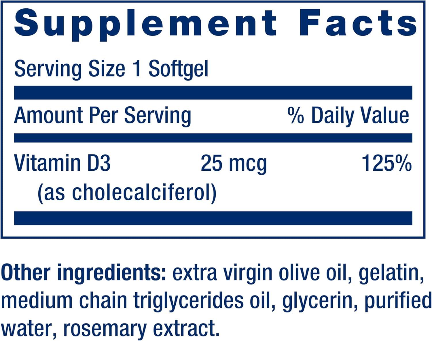 image:imageLife Extension Vitamin D3 25 mcg 1000 IU Immune System Support Bone Health WholeBody Health Value Size GlutenFree NonGMO 250 softgels250 Count Pack of 1