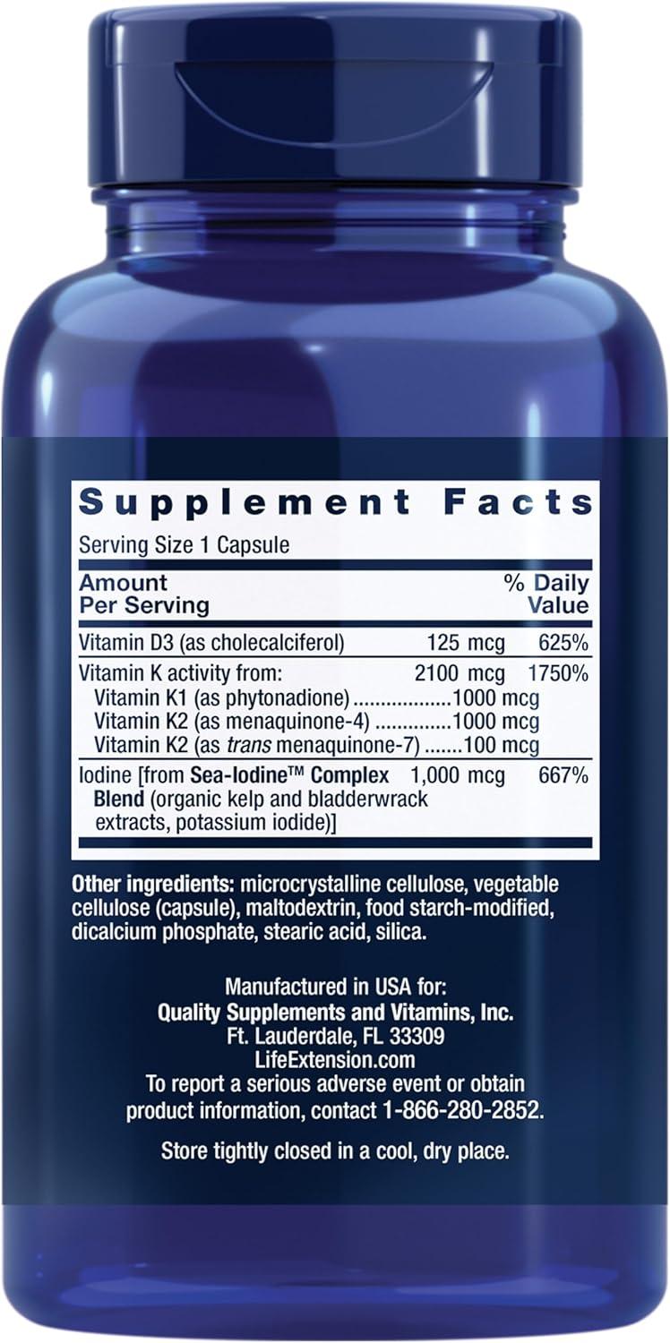 image:imageLife Extension Vitamins D and K with SeaIodine Vitamin D3 Vitamin K1 and K2 Iodine Supports Immune Bone arterial and Thyroid Health NonGMO GlutenFree 60 Capsules60 Count Pack of 1