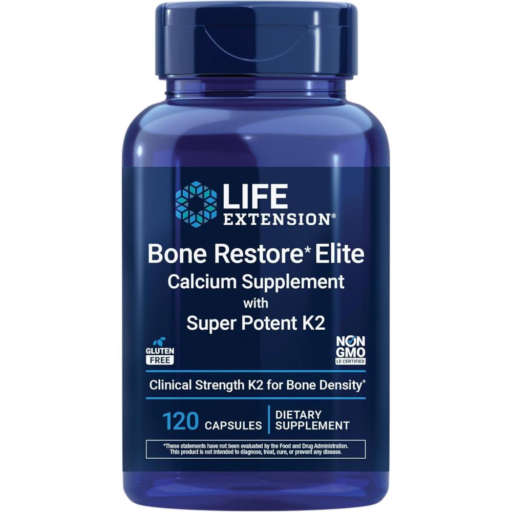 image:imageLife Extension Bone Restore Elite Calcium Supplement with Super Potent K2 Calcium Vitamin D3 Magnesium Boron zinc Vitamin K2 for Bone Health GlutenFree NonGMO 120 Capsules