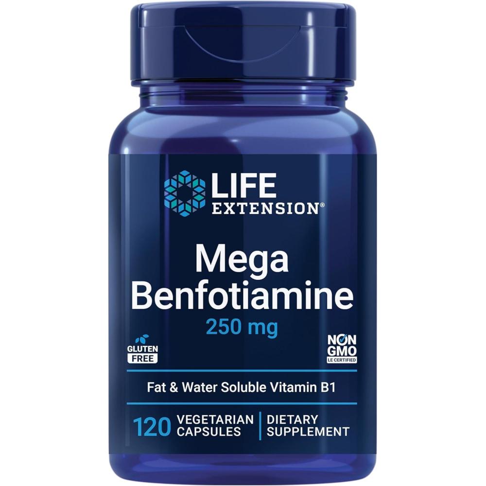 image:imageLife Extension Mega Benfotiamine 250 mg a fatsoluble form of thiamine healthy metabolism ultrabioavailable vitamin B1 high potency glutenfree nonGMO vegetarian 120 capsules120 Count Pack of 1