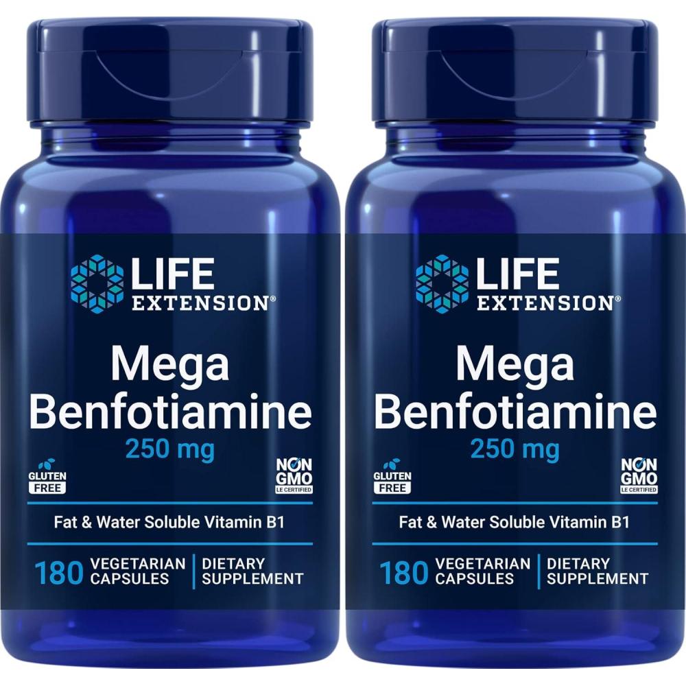 image:imageLife Extension Mega Benfotiamine 250 mg a fatsoluble form of thiamine healthy metabolism ultrabioavailable vitamin B1 high potency glutenfree nonGMO vegetarian 120 capsules180 Count Pack of 2