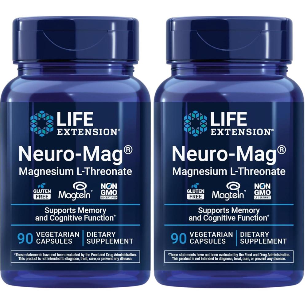 image:imageLife Extension NeuroMag Magnesium LThreonate Memory Health Quick Thinking Cognitive Health Support Vegetarian NonGMO 90 Vegetarian Capsules 144 mg from 2000 mg Magtein magnesium Lthreonate90 Count Pack of 2