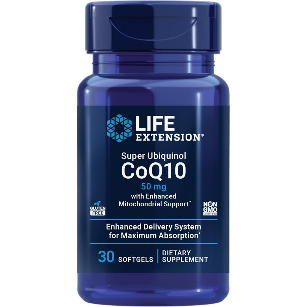 image:imageLife Extension Super Ubiquinol CoQ10 with Enhanced Mitochondrial Support Potent Heart Health amp Cellular Energy Production Support Ultraabsorbable GlutenFree NonGMO 100 mg 60 softgels50 mg
