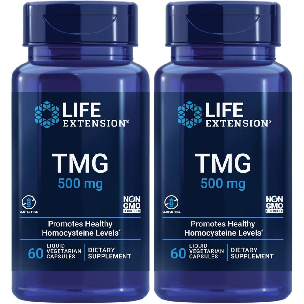 image:imageLife Extension TMG trimethylglycine Encourages Healthy homocysteine Levels NonGMO GlutenFree Vegetarian 60 Capsules60 Count Pack of 2