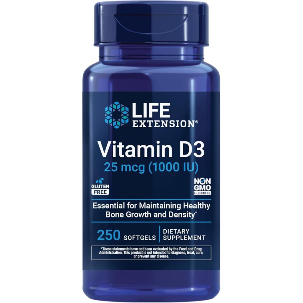 image:imageLife Extension Vitamin D3 25 mcg 1000 IU Immune System Support Bone Health WholeBody Health Value Size GlutenFree NonGMO 250 softgels250 Count Pack of 1