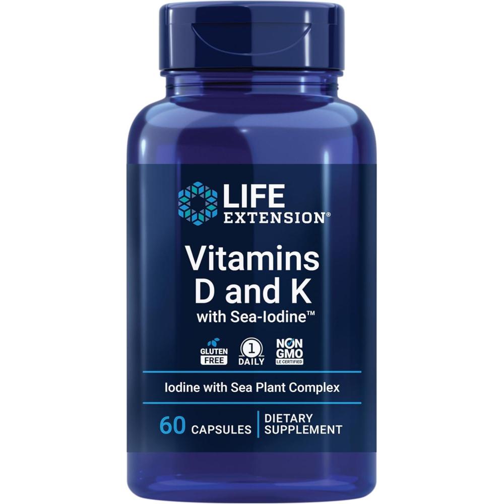 image:imageLife Extension Vitamins D and K with SeaIodine Vitamin D3 Vitamin K1 and K2 Iodine Supports Immune Bone arterial and Thyroid Health NonGMO GlutenFree 60 Capsules60 Count Pack of 1