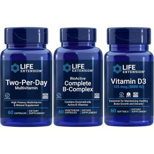 image:imageLife Extension TwoPerDay Multivitamin 60 capsules  BioActive Complete BComplex 60 capsules  Vitamin D3 125 mcg 5000 IU 60 softgels  Bone amp immune health energy and metabolism support