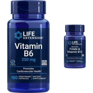 image:imageLife Extension Vitamin B6 250 mg 100 Vegetarian Capsules amp Folate amp Vitamin B12 Vegetarian Capsules White 90 Count