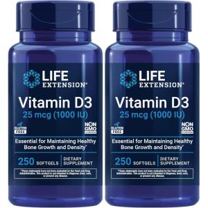 image:imageLife Extension Vitamin D3 25 mcg 1000 IU Immune System Support Bone Health WholeBody Health Value Size GlutenFree NonGMO 250 softgels250 Count Pack of 2