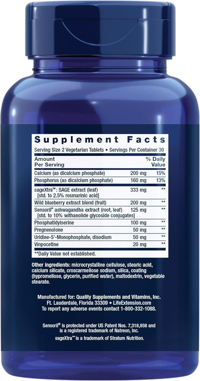 image:imageLife Extension Cognitex Elite Pregnenolone sage Blueberry ashwagandha phosphatidylserine Advanced Formula Attention Focus Memory GlutenFree NonGMO Vegetarian 60 TabletsSupplement