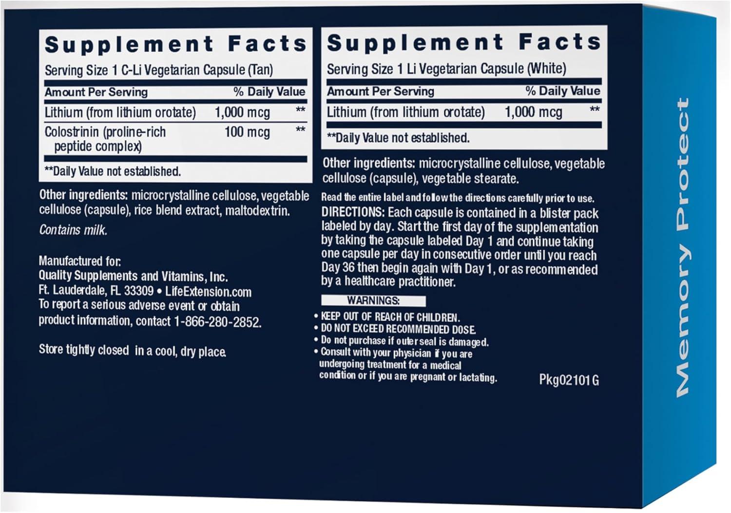 image:imageLife Extension Memory Protect Lithium colostrinin Milk peptides Memory and Cognitive Health Support GlutenFree NonGMO 12 colostrininLithium CLi Capsules 24 Lithium Li Capsules