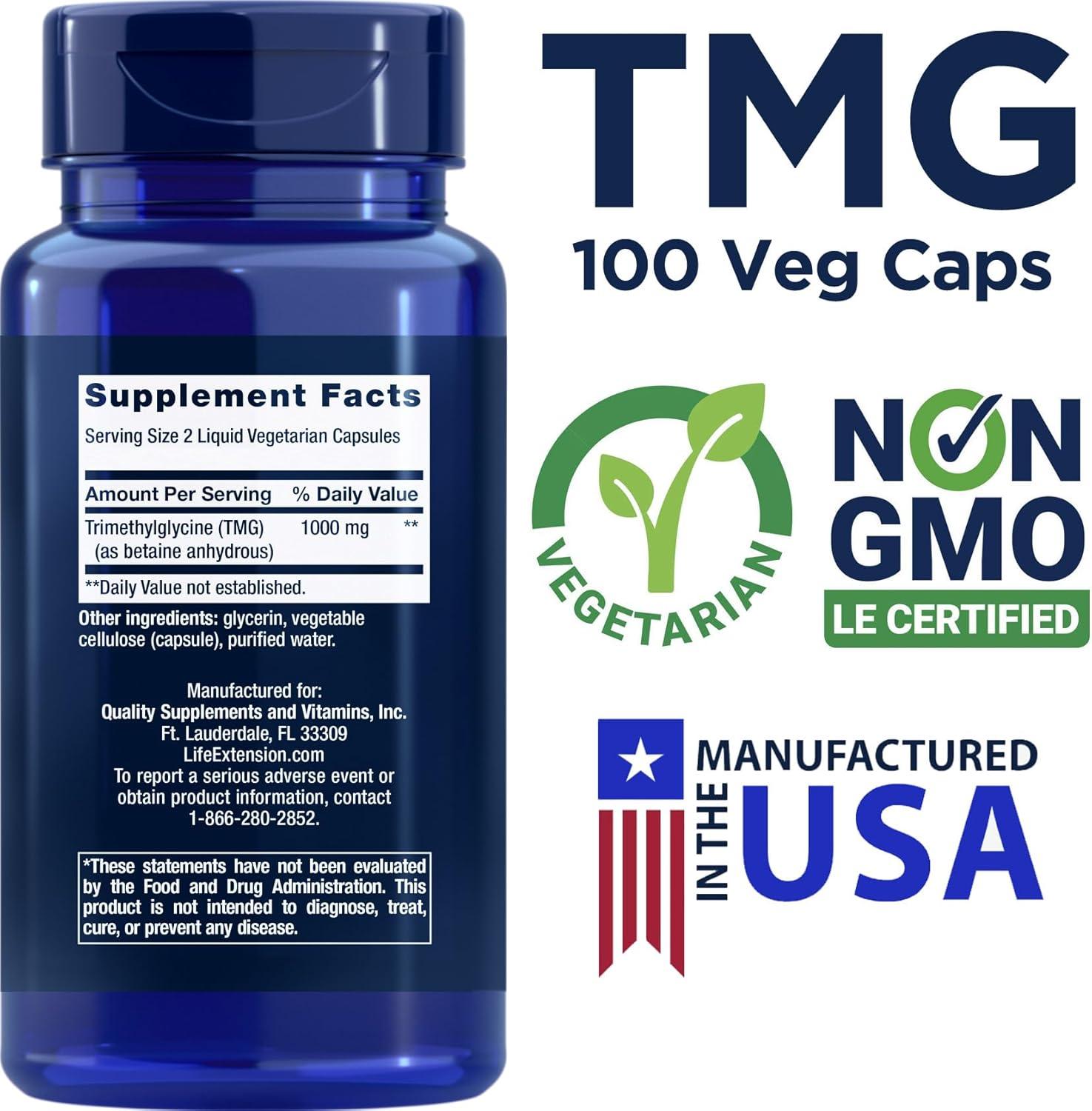 image:imageLife Extension TMG 500mg 100 Liquid Veg Caps Trimethylglycine Glycine Betaine Supplement Gluten Free NonGMO Vegetarian