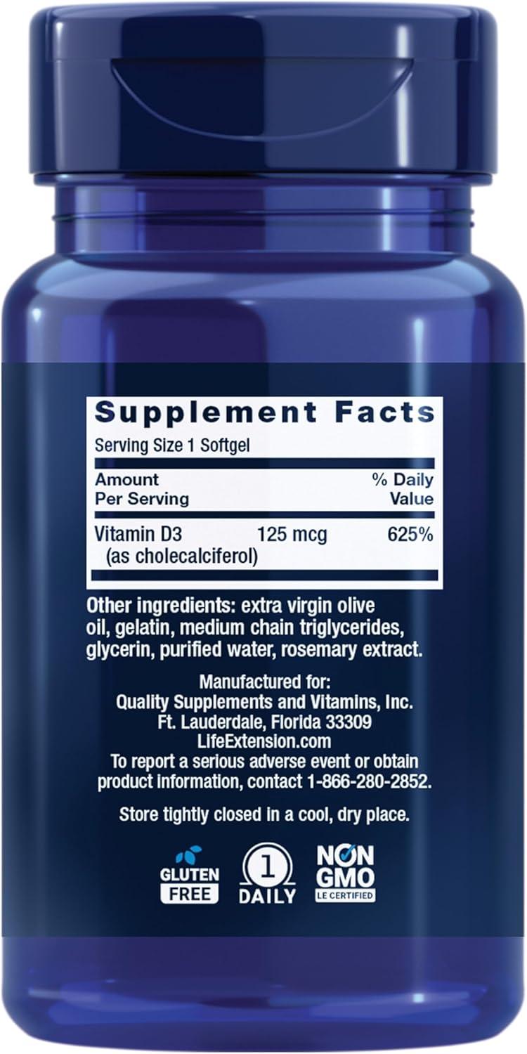 image:imageLife Extension Vitamin D3 125 mcg 5000 IU Bone Health Brain Performance Immune System Support GlutenFree NonGMO Once Daily TwoMonth Supply 60 Softgels60 Count Pack of 1
