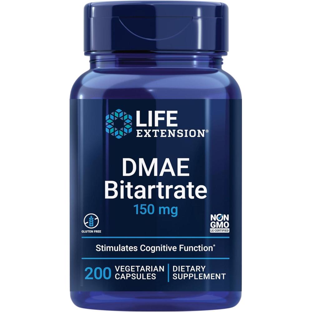 image:imageLife Extension DMAE Bitartrate Supports neurotransmitter Production 6Month Supply GlutenFree NonGMO Vegetarian 200 Capsules