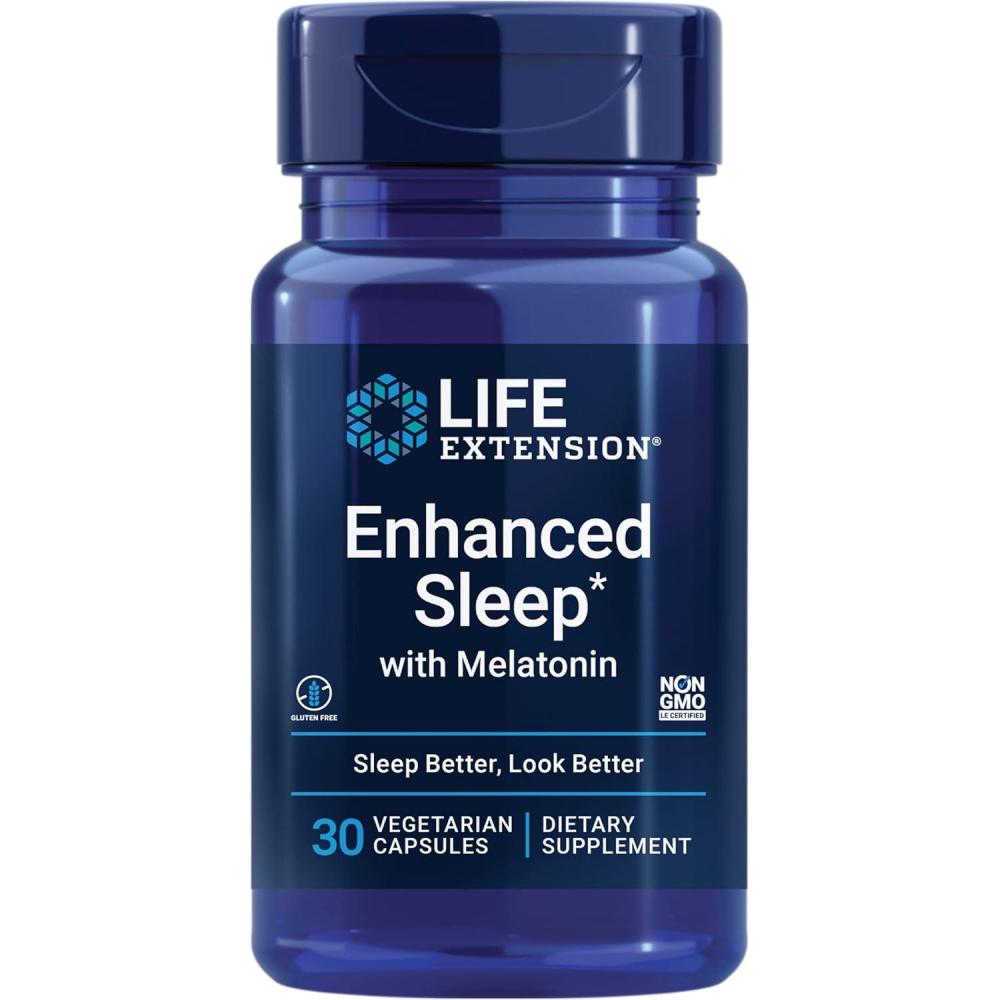 image:imageLife Extension Enhanced Sleep with Melatonin Melatonin Sleep Supplement for Restful Sleep and Healthy Skin amp More GlutenFree NonGMO Vegetarian 30 Capsules