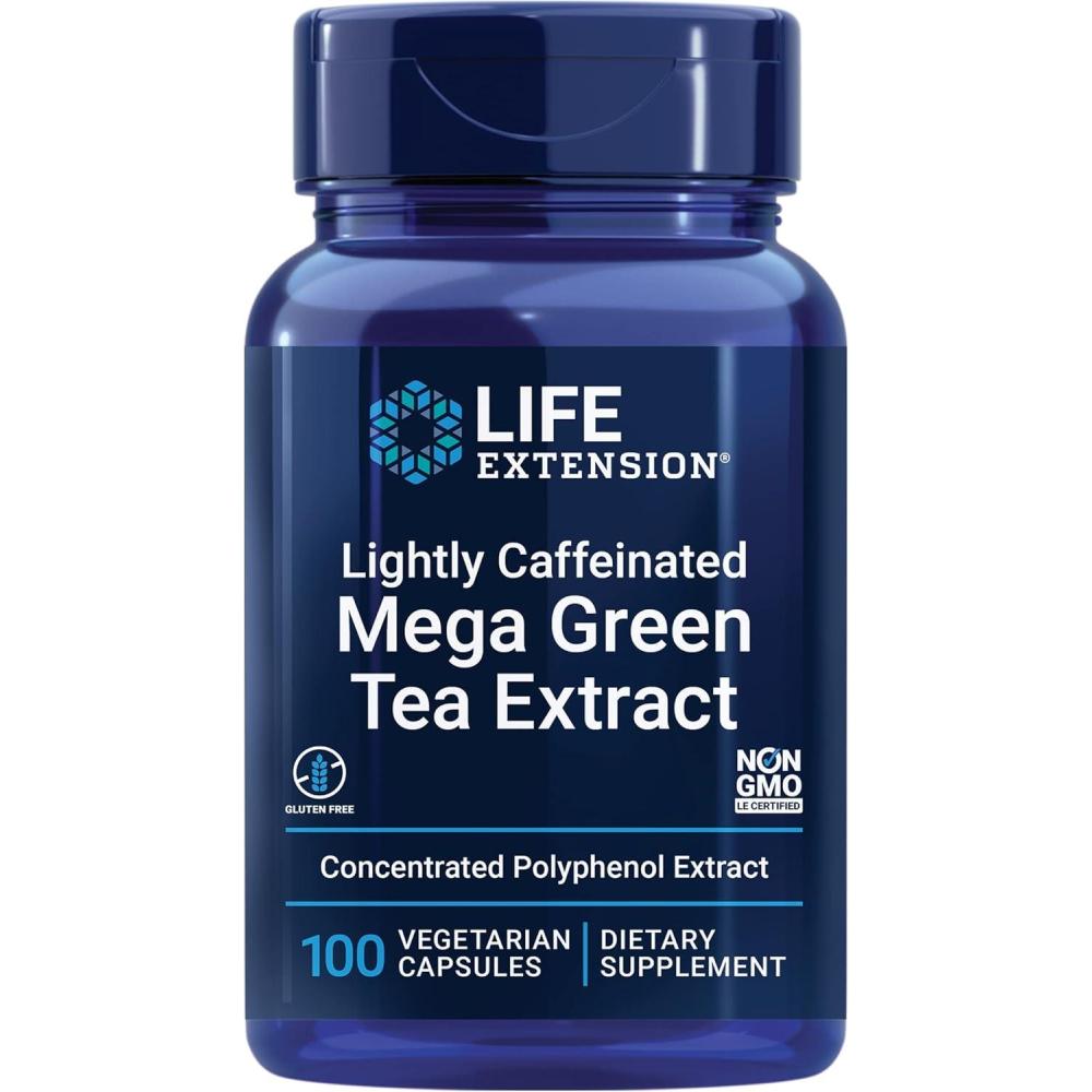 image:imageLife Extension Lightly Caffeinated Mega Green Tea Extract Camellia sinensis Extract with Concentrated EGCG polyphenol Content GlutenFree NonGMO Vegetarian 100 CapsulesLightly Caffeinated