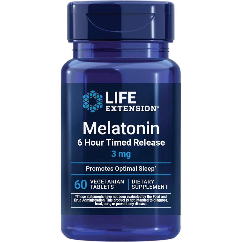image:imageLife Extension Melatonin 6 Hour Timed Release 3 mg ExtendedRelease Formula for Optimal Sleep Support Healthy circadian Rhythms Cellular Defense GlutenFree NonGMO Vegetarian 60 Tablets