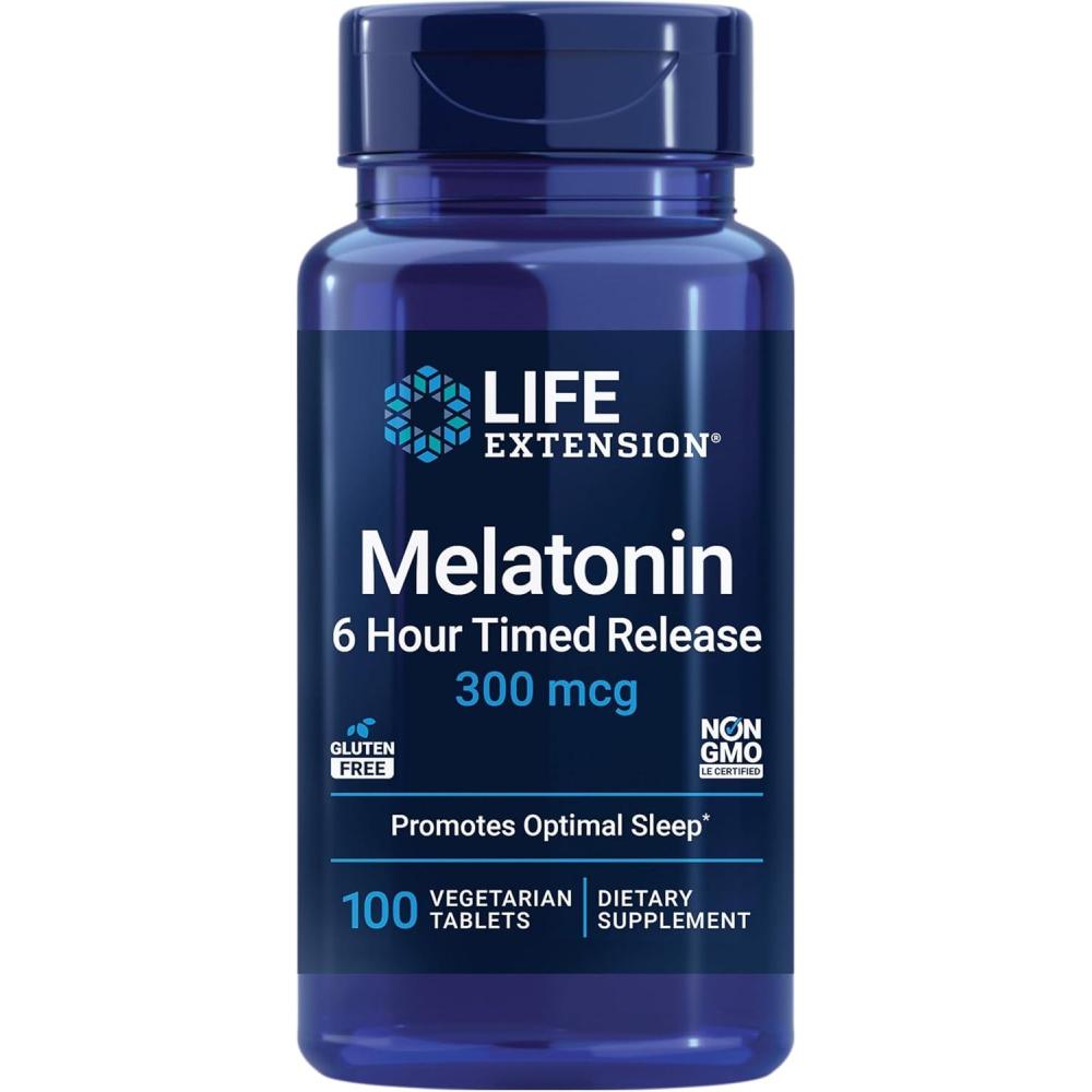 image:imageLife Extension Melatonin 6 Hour Timed Release 300 mcg ExtendedRelease Formula for Gentle Sleep Support Healthy circadian Rhythms Cellular Defense GlutenFree NonGMO Vegetarian 100 Tablets