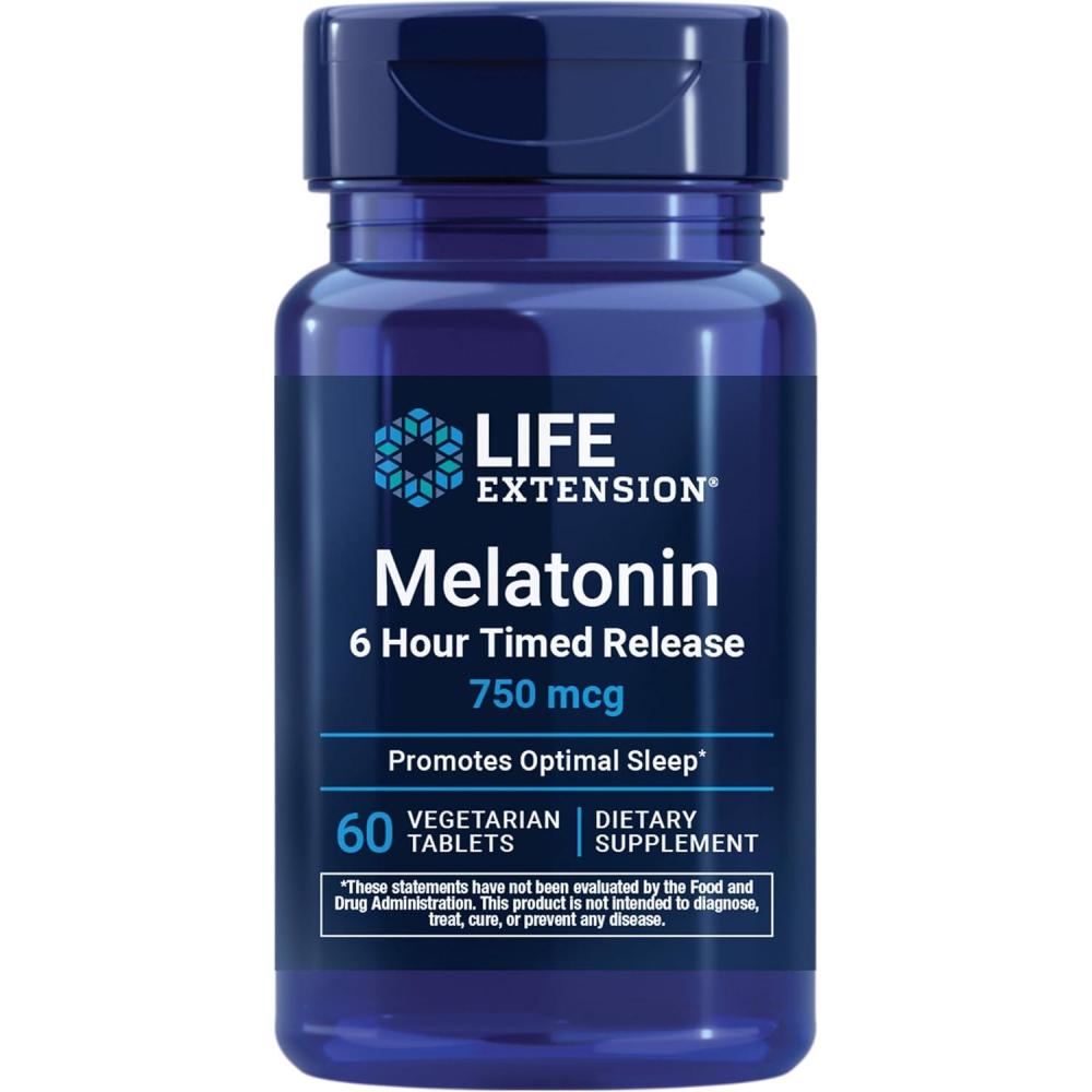 image:imageLife Extension Melatonin 6 Hour Timed Release 750 mcg ExtendedRelease Formula for Gentle Sleep Support Healthy circadian Rhythms Cellular Defense GlutenFree NonGMO Vegetarian 60 Tablets60 Count Pack of 1