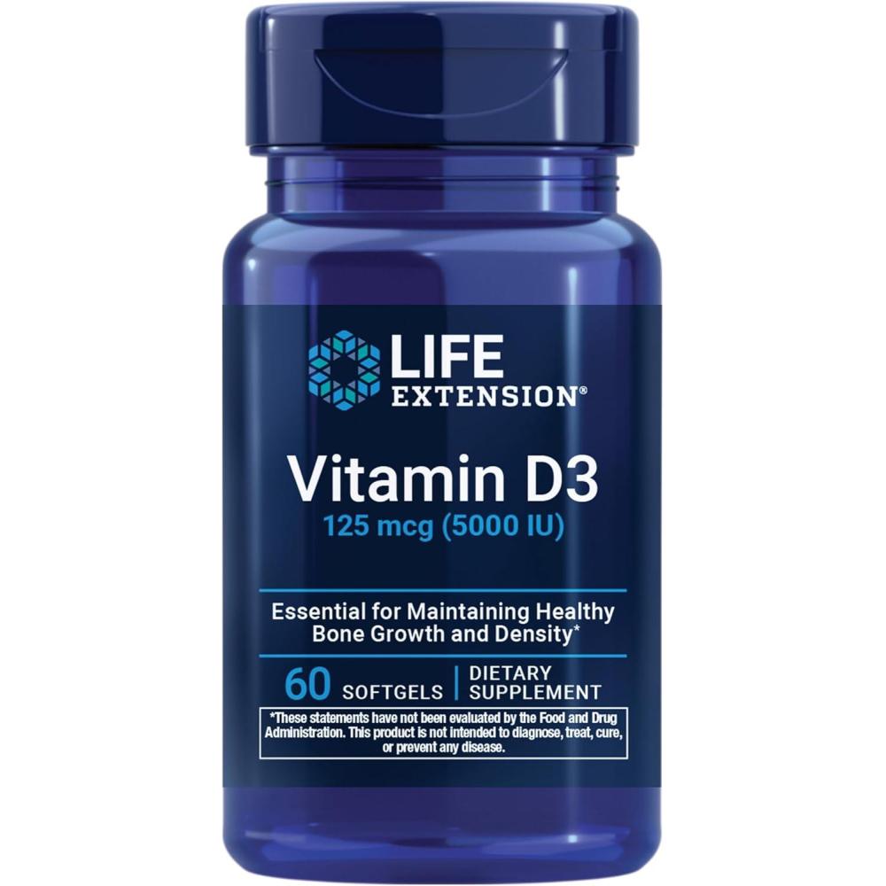 image:imageLife Extension Vitamin D3 125 mcg 5000 IU Bone Health Brain Performance Immune System Support GlutenFree NonGMO Once Daily TwoMonth Supply 60 Softgels60 Count Pack of 1