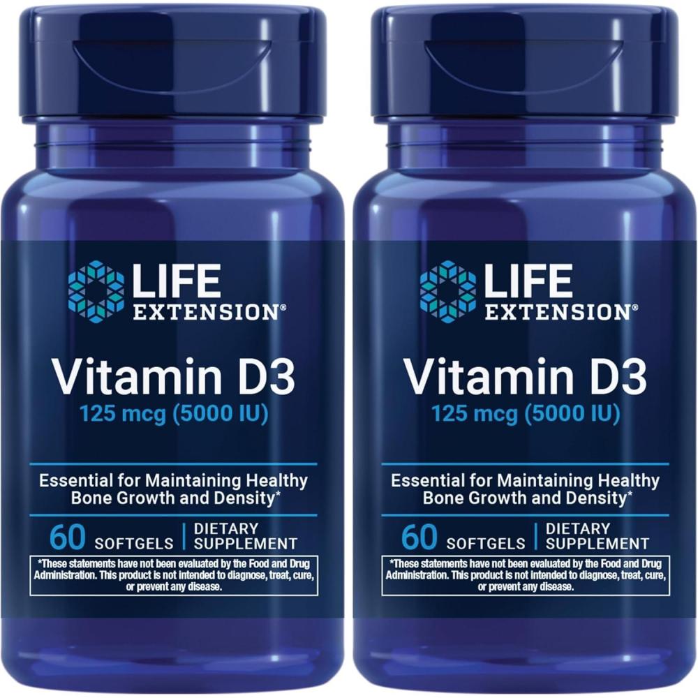 image:imageLife Extension Vitamin D3 125 mcg 5000 IU Bone Health Brain Performance Immune System Support GlutenFree NonGMO Once Daily TwoMonth Supply 60 Softgels60 Count Pack of 2