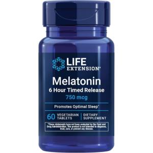 image:imageLife Extension Melatonin 6 Hour Timed Release 750 mcg ExtendedRelease Formula for Gentle Sleep Support Healthy circadian Rhythms Cellular Defense GlutenFree NonGMO Vegetarian 60 Tablets60 Count Pack of 1