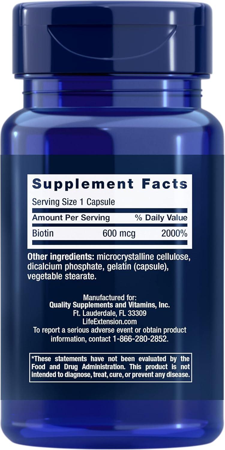 image:imageLife Extension Biotin 600 mcg Vitamin B7 Support Supplement for Beautiful Hair Nails amp Beyond GlutenFree NonGMO 100 Capsules