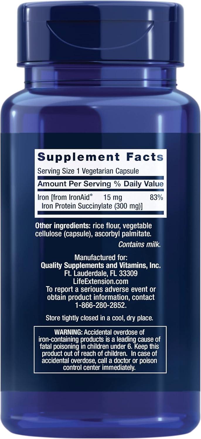 image:imageLife Extension Iron Protein Plus Iron Protein succinylate absorbable Iron Supplement for WholeBody Health NonGMO GlutenFree Vegetarian 100 Capsules