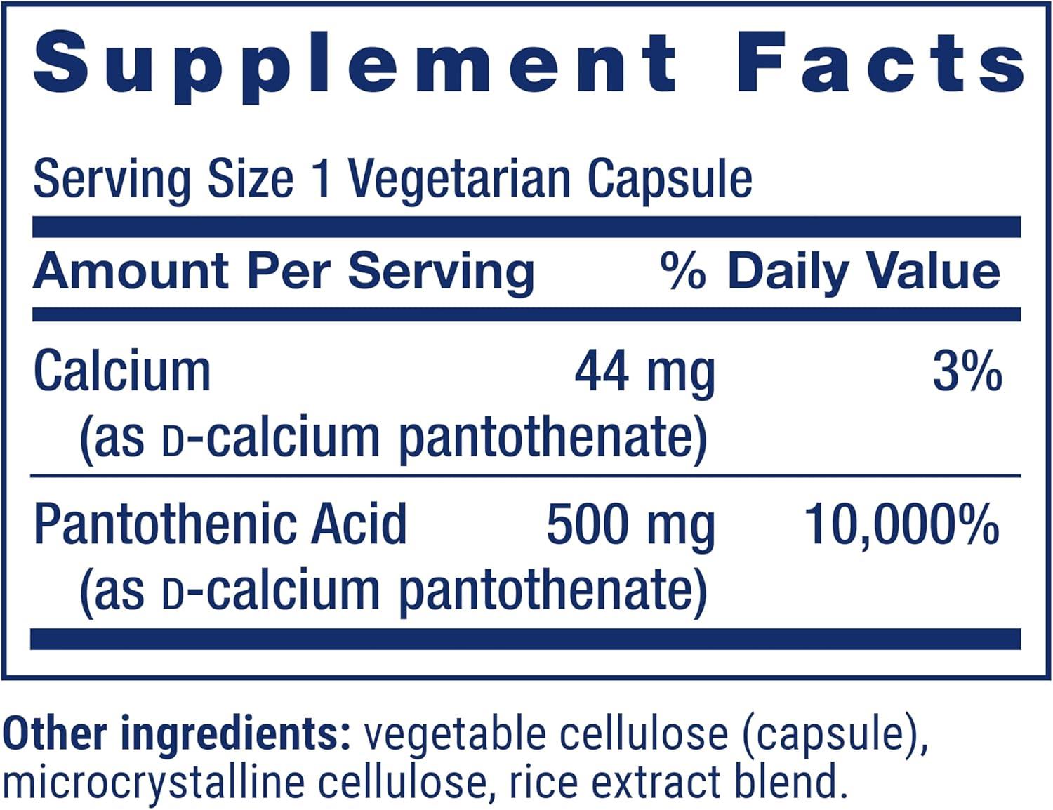 image:imageLife Extension Pantothenic Acid 500 mg Vitamin B5 Calcium Support Healthy Metabolism Mitochondrial Energy Production GlutenFree NonGMO Vegetarian 100 Capsules