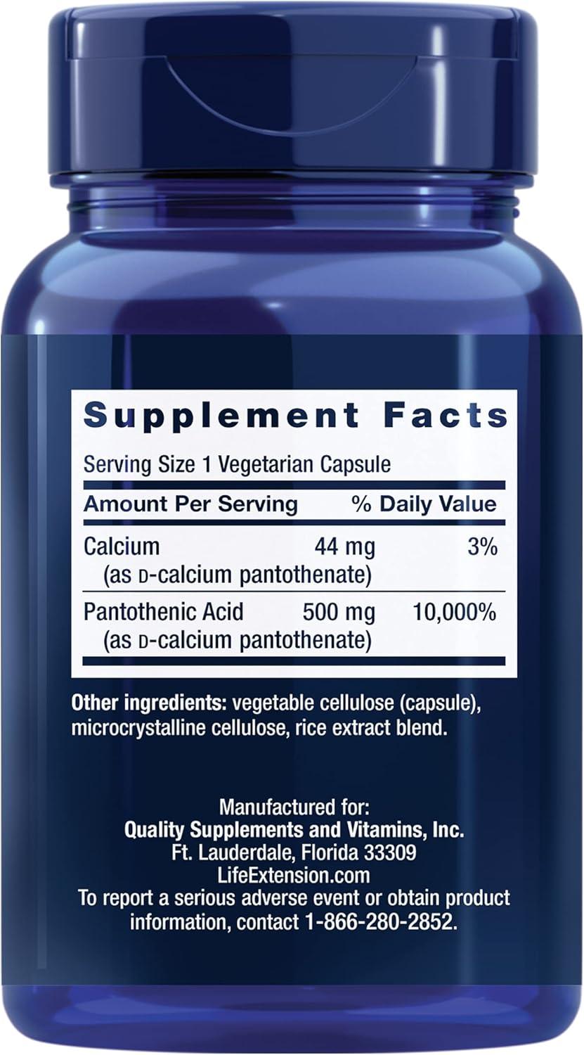 image:imageLife Extension Pantothenic Acid 500 mg Vitamin B5 Calcium Support Healthy Metabolism Mitochondrial Energy Production GlutenFree NonGMO Vegetarian 100 Capsules