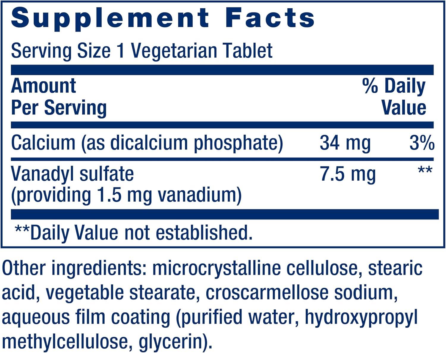 image:imageLife Extension Vanadyl Sulfate Trace Mineral Vanadium Healthy glycemic Balance Healthy Metabolism Hormone Function GlutenFree NonGMO Vegetarian 100 Tablets