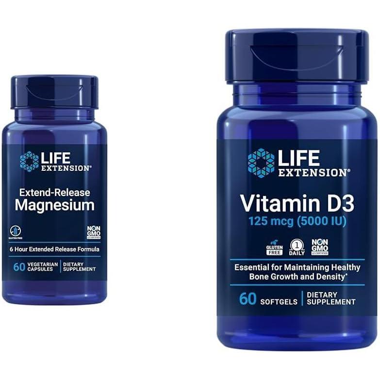 image:imageLife Extension ExtendRelease Magnesium prolonged Heart amp Bone Health Support Cardiovascular amp Blood Pressure Health Support bioavailable Formula GlutenFree NonGMO Vegetarian 60 CapsulesUnflavored Magnesium Vitamin D3 125 mcg
