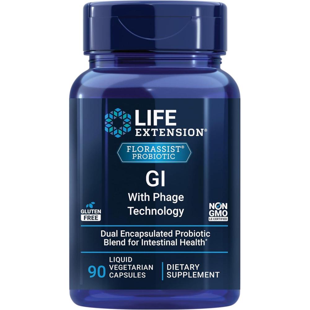 image:imageLife Extension FLORASSIST GI with Phage Technology Digestive Health probiotic Support Nutrient Absorption 7 probiotic strains bacteriophage Blend 90 Liquid Vegetarian Capsules90 Count Pack of 1