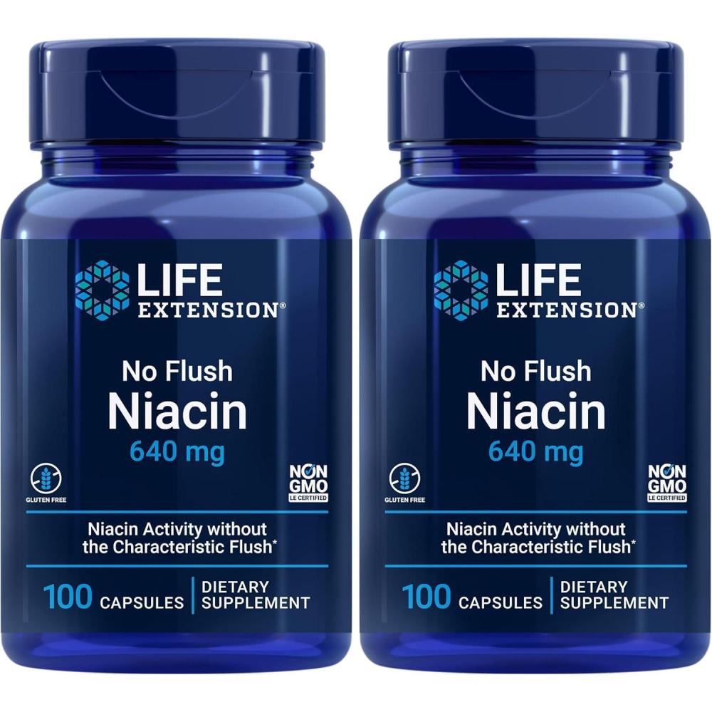 image:imageLife Extension No Flush Niacin B3 for Heart Health Cholesterol amp Energy Support NonGMO GlutenFree 100 Capsules100 Count Pack of 2