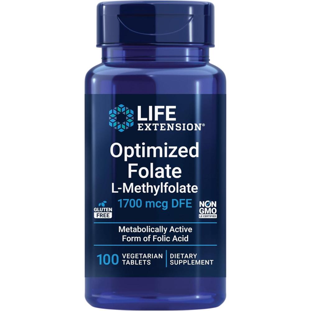 image:imageLife Extension Optimized Folate Lmethylfolate Heart amp Brain Support Healthy Homocysteine Levels NonGMO GlutenFree Vegetarian 1700 mcg DFE 100 Vegetarian Tablets