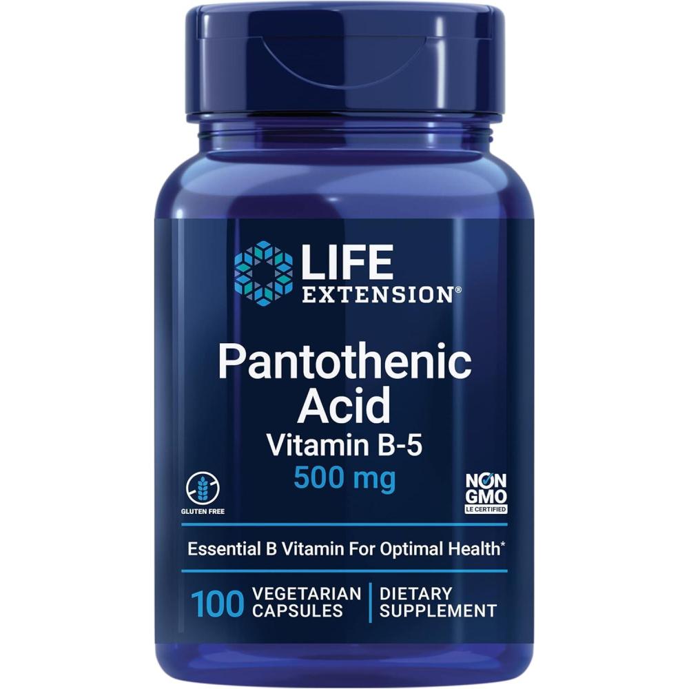 image:imageLife Extension Pantothenic Acid 500 mg Vitamin B5 Calcium Support Healthy Metabolism Mitochondrial Energy Production GlutenFree NonGMO Vegetarian 100 Capsules