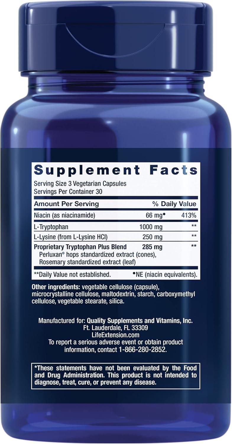 image:imageLife Extension Optimized Tryptophan Plus 1000mg LTryptophan Supplement with Niacin and LLysine for Healthy Sleep amp Stress Response GlutenFree NonGMO Vegetarian 90 Capsules