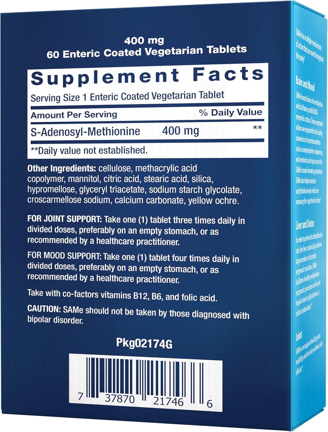 image:imageLife Extension Same SAdenosylMethionine 400 mg BestSelling Mood Health Liver Health and Joint Support Supplement NonGMO Vegetarian Gluten Free 60 entericCoated Tablets