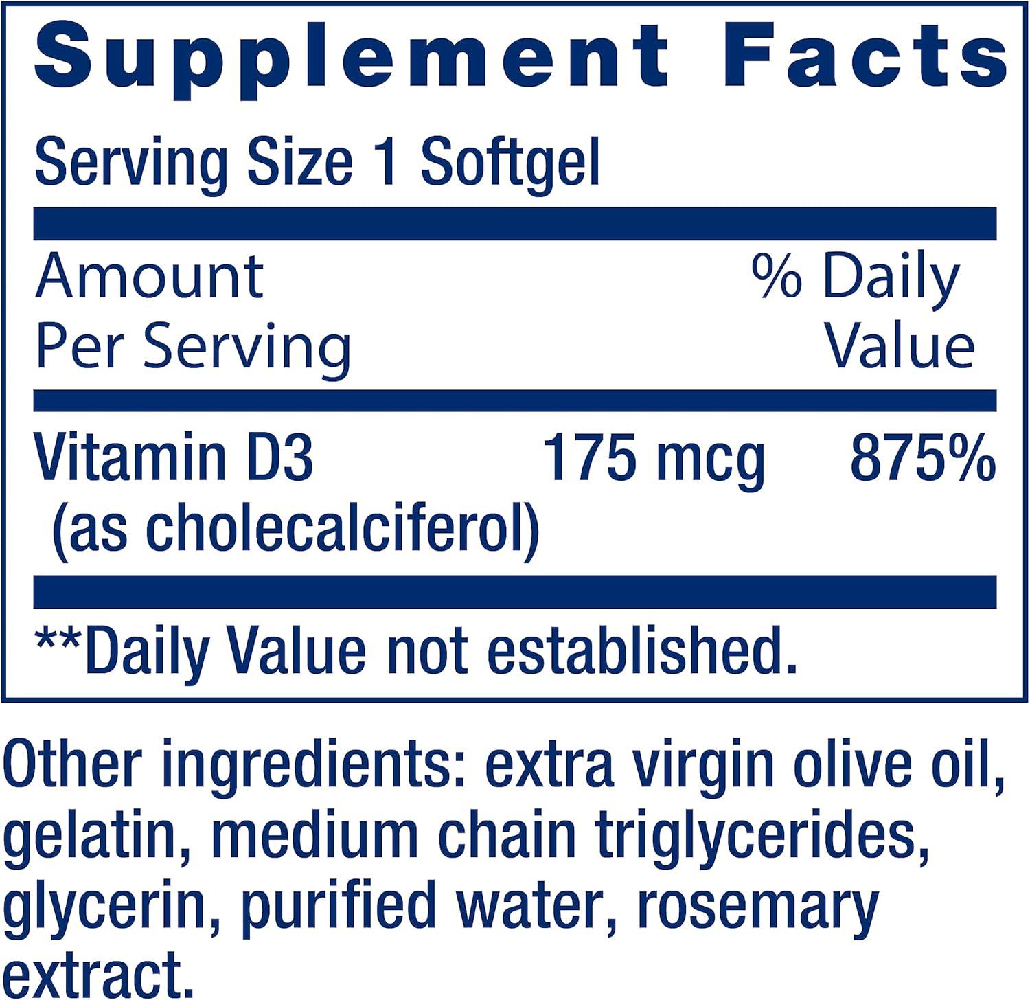 image:imageLife Extension Vitamin D3 175 mcg 7000 IU Immune System Support Bone Health Brain Performance GlutenFree NonGMO Once Daily TwoMonth Supply 60 softgels60 Count Pack of 1