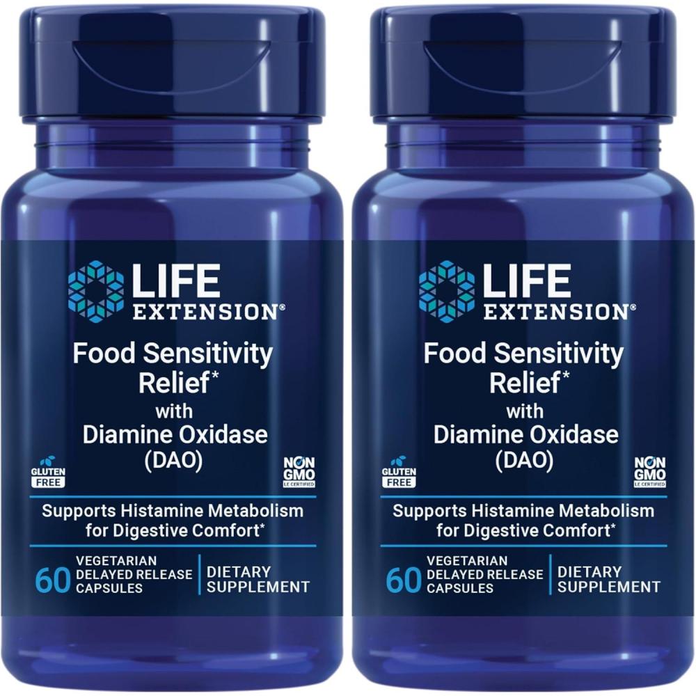 image:imageLife Extension Food Sensitivity Relief with Diamine Oxidase DAO Occasional Gas Digestive Comfort histamine Sensitivity DAO Enzyme Supplement Gluten Free NonGMO Vegetarian 60 Capsules60 Count Pack of 2