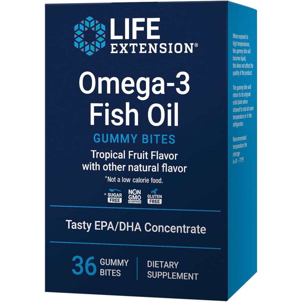 image:imageLife Extension Omega3 Fish Oil Gummy Bites EPA DHA Fatty acids Highdose EPA DHA Support in a Delicious chewable Form NonGMO Gluten Free 36 Gummy BitesNutritional Supplement