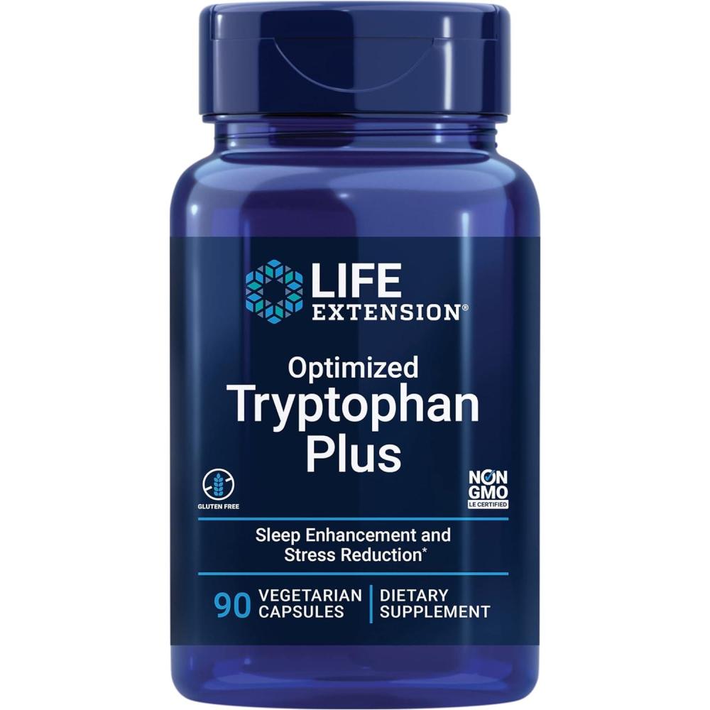 image:imageLife Extension Optimized Tryptophan Plus 1000mg LTryptophan Supplement with Niacin and LLysine for Healthy Sleep amp Stress Response GlutenFree NonGMO Vegetarian 90 Capsules