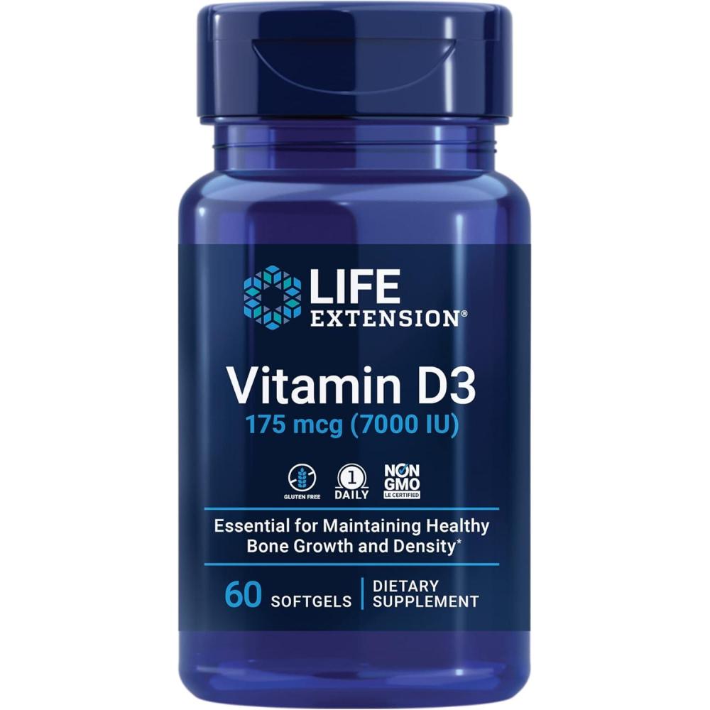 image:imageLife Extension Vitamin D3 175 mcg 7000 IU Immune System Support Bone Health Brain Performance GlutenFree NonGMO Once Daily TwoMonth Supply 60 softgels60 Count Pack of 1
