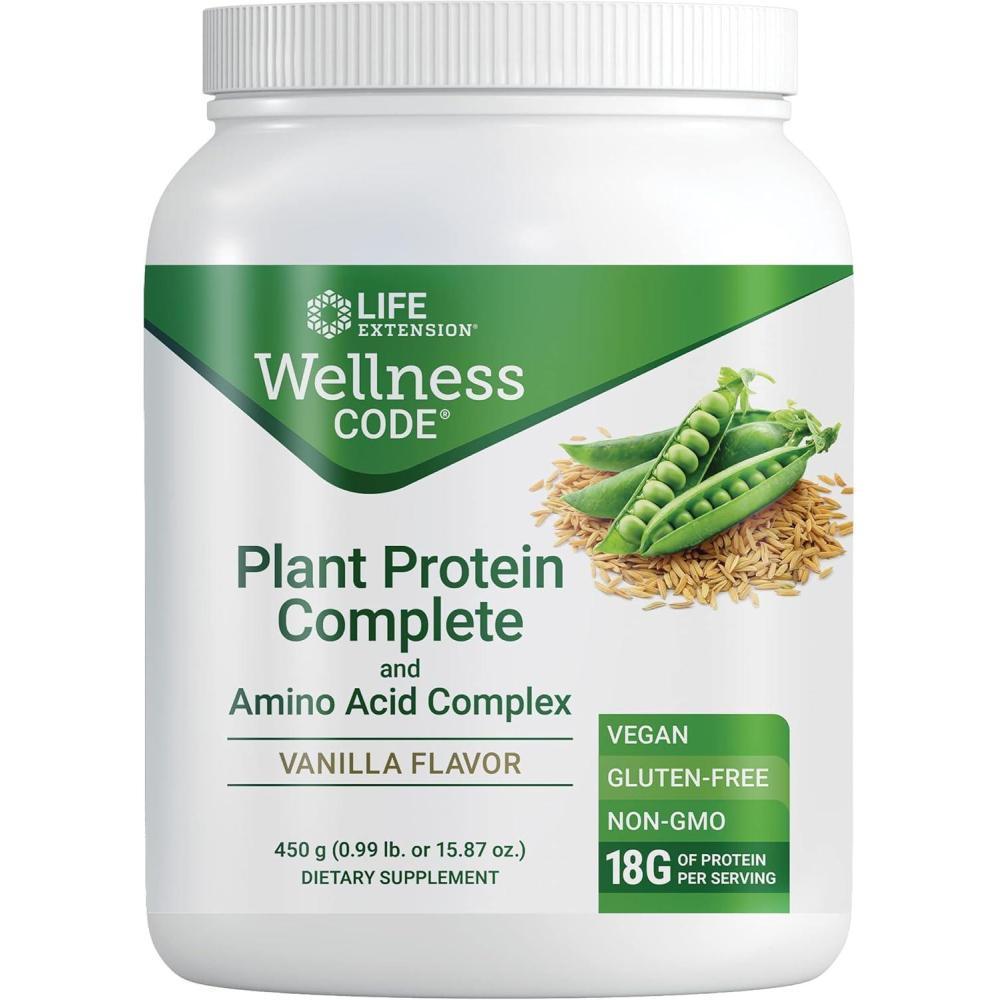 image:imageLife Extension Wellness Code Plant Protein Complete amp Amino Acid Complex Vanilla PlantBased Protein Powder Plus branchedChain Amino acids GlutenFree NonGMO Vegetarian 450 Grams